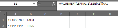 excel 2010-определить, если число все повторяющиеся цифры