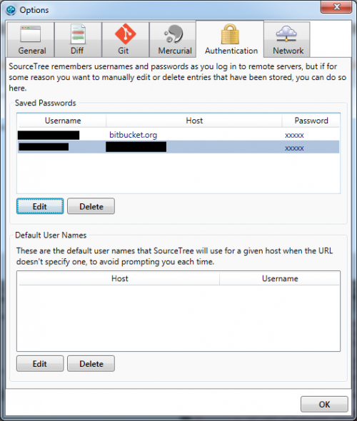 Панель Аутентификации SourceTree Windows